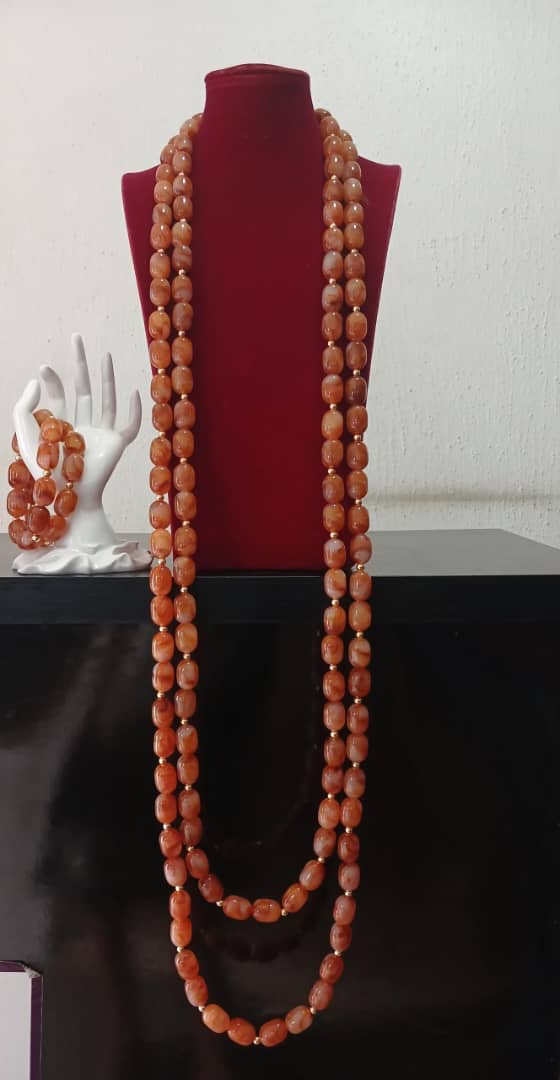 Classic Long Coral Beaded Necklace And Bracelet